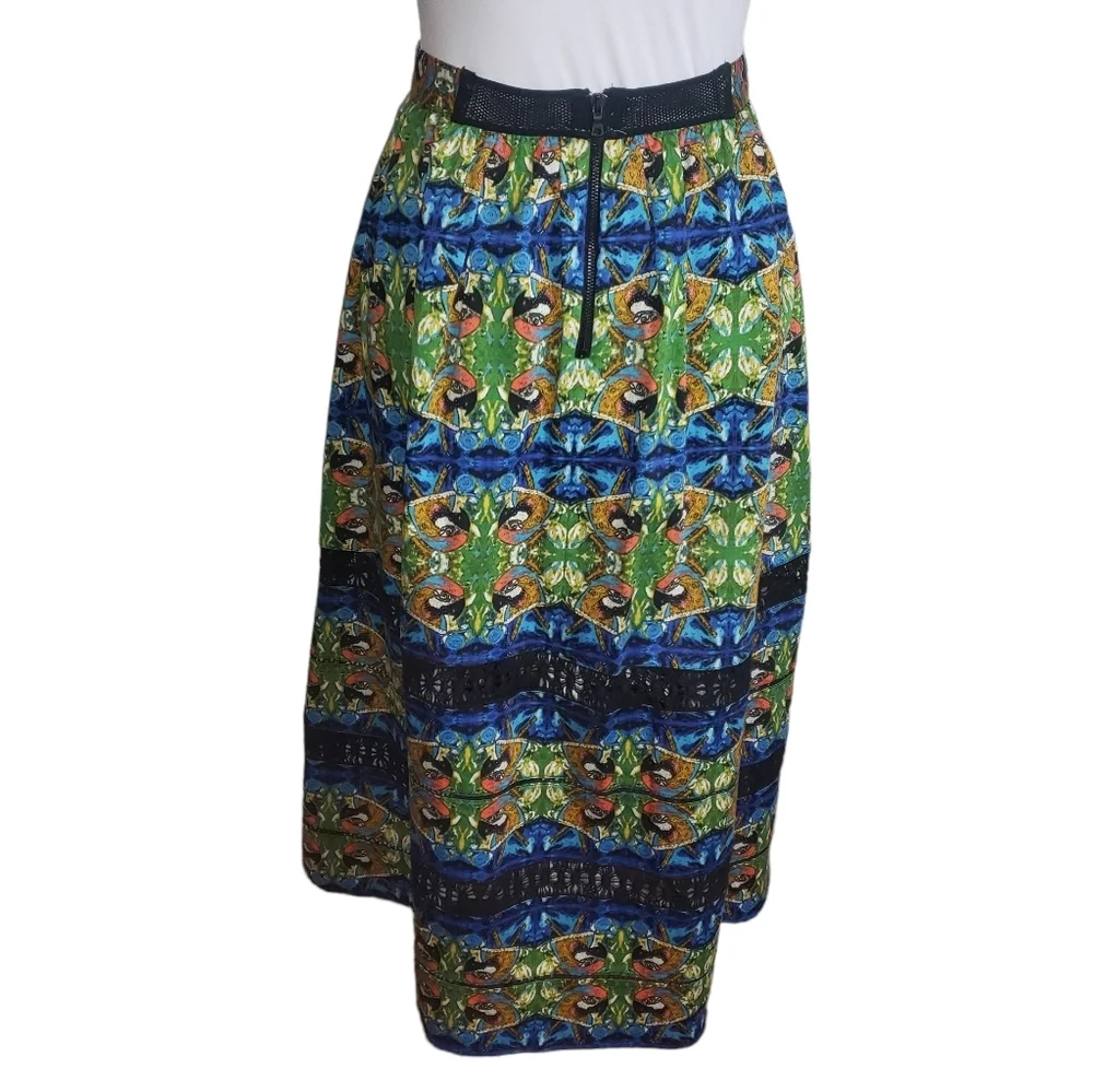 Sam Edelman Tulum Parrot Print Midi Skirt Size 12 Crochet Panels Bird Rockabilly